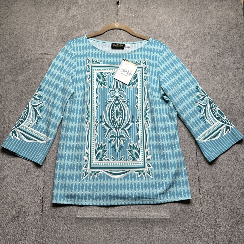 Bob Mackie Wearable Art Top Womens XS Blue Geometric Print 3/4 Sleeve